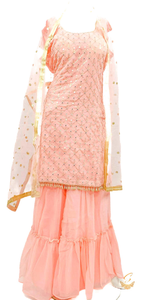 Georgette based embroidery with mirror work kameez with sharara & dupatta