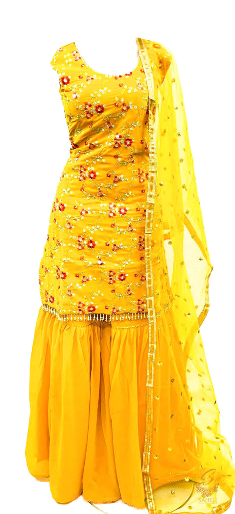 Georgette based embroidery work kameez with sharara & Dupatta