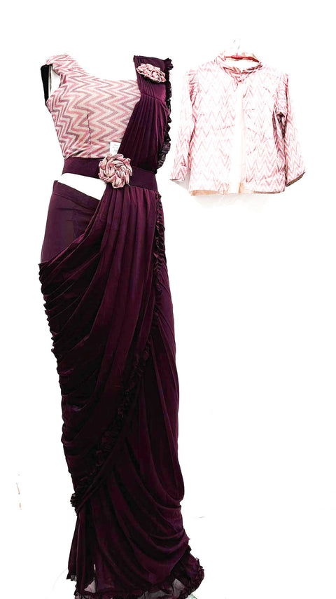 Shimmery Blouse with Readymade saree and Jacket