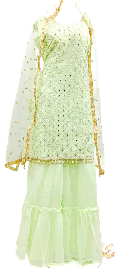 Georgette based embroidery with mirror work kameez with sharara & dupatta