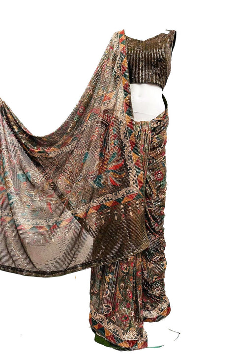 Sequined Soft fabric designer Sarees in Print Work with readymade sequined blouse