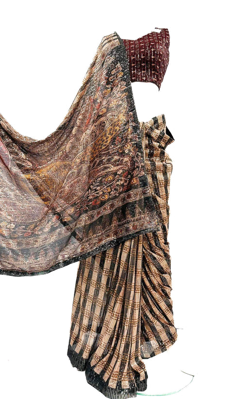 Sequined Soft fabric designer Sarees in Print Work with readymade sequined blouse