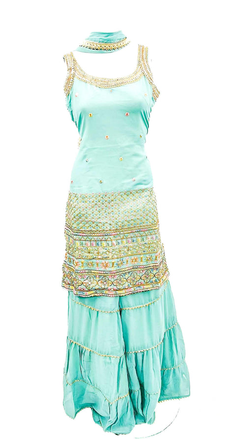 Georgette based embroidered kameez with mirror work neck design sharara suit
