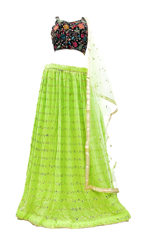 Pure Georgette Based Multicoloured Embroidery With  Mirror Work Designer Crop Top With Multi Flared Lehnga