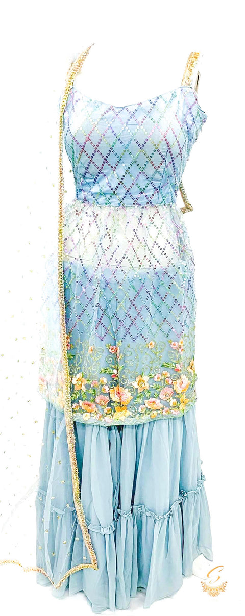 Netting based heavy sequined work with beautiful embroidery & heavy netting dupatta with georgette sharara
