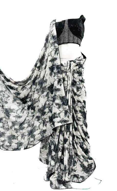 Sequined Soft Fabric Designer Sarees In Print Work With Readymade Sequined Blouse