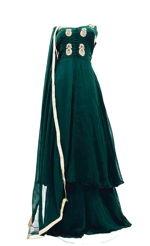 Pure georgette based heavy handwork naira cut kameez with circular sharara & dupatta