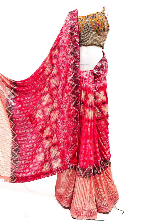 Sequined Soft Fabric Designer Sarees In Print Work With Readymade Sequined Blouse