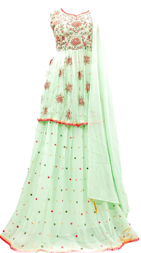 Pure georgette based pink & peach color embroidery work kameez with lehnga & Dupatta