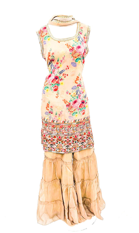 Georgette based printed kameez with mirror work neck design sharara suit