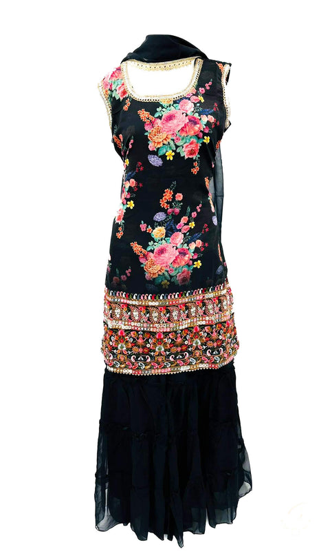Georgette based printed kameez with mirror work neck design sharara suit