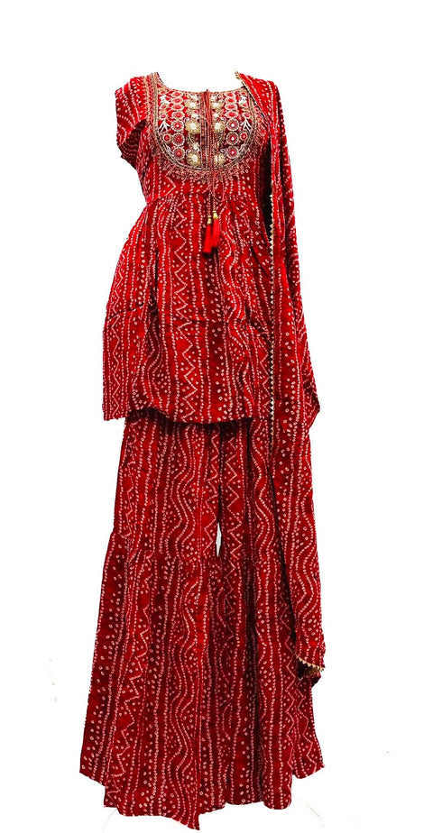 Pure rayon based embroidery with hand work & mirror work Jaipuri Print Flared Kurti with Sharara & dupatta