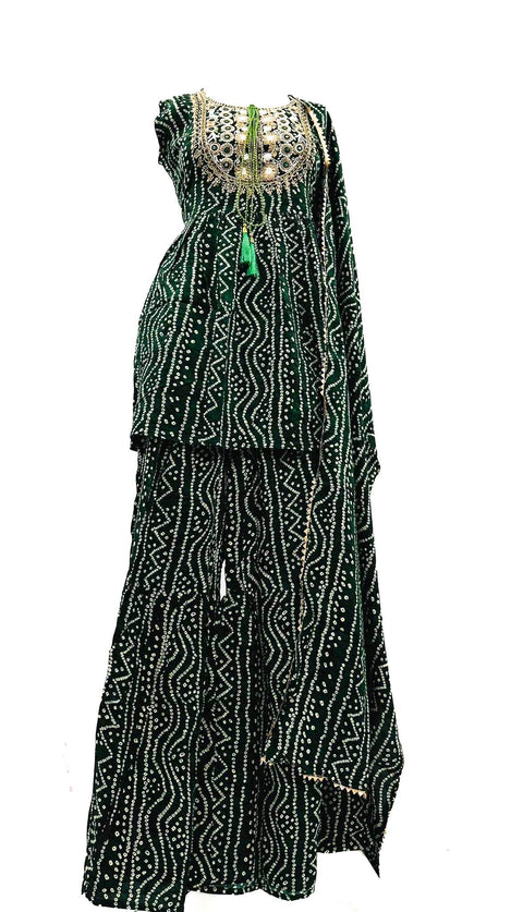Pure rayon based embroidery with hand work & mirror work Jaipuri Print Flared Kurti with Sharara & dupatta