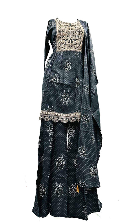 Pure rayon based embroidery & sequined  work Jaipuri Print Flared Kurti with Sharara & dupatta