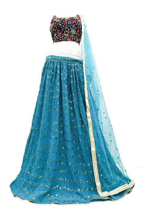 Pure Georgette Based Multicoloured Embroidery With  Mirror Work Designer Crop Top With Multi Flared Lehnga