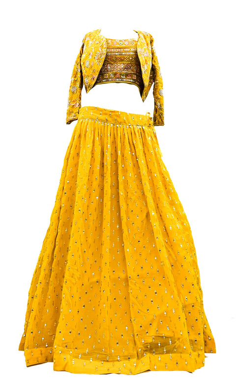 Pure Georgette Based Multicoloured Embroidery With  Mirror Work Designer Crop Top With Multi Flared Lehnga & Jacket