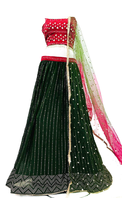 Georgette Based Heavy Sequined Work Crop Top With Deep Forest Green Colour Georgette Based Golden Work Heavy Flared Ken Ken Lehnga With Netting Dupatta