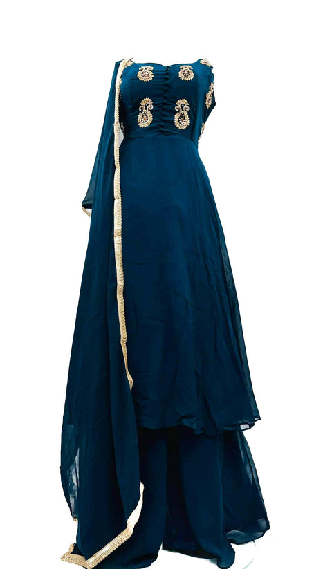 Pure georgette based heavy handwork naira cut kameez with circular sharara & dupatta