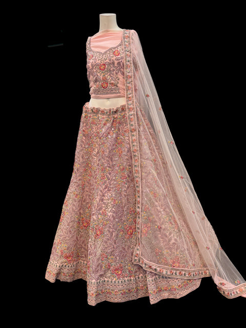 (video clip attached) Netting based embroidery work with heavy sequins and stone work Heavy Ken ken designer lehnga with heavy handwork blouse and netting dupatta