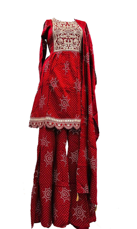 Pure rayon based embroidery & sequined  work Jaipuri Print Flared Kurti with Sharara & dupatta