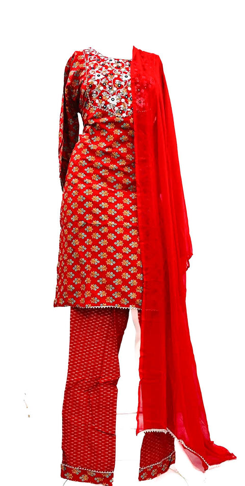 Pure cotton based embroidery with mirror work Kurti with pants & Dupatta