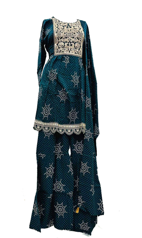 Pure rayon based embroidery & sequined  work Jaipuri Print Flared Kurti with Sharara & dupatta