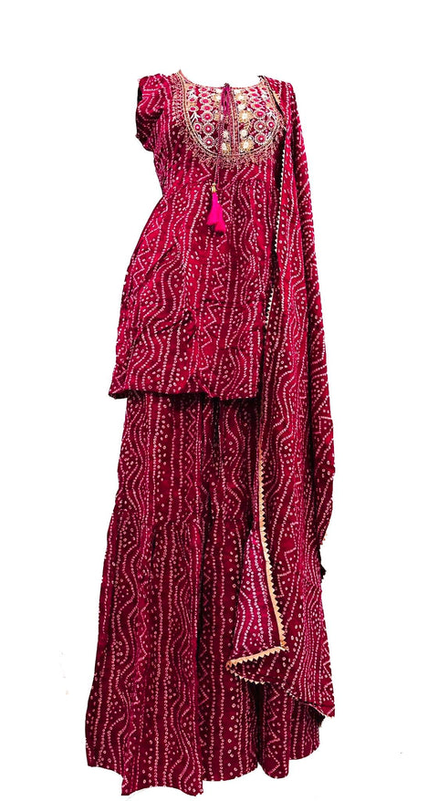 Pure rayon based embroidery with hand work & mirror work Jaipuri Print Flared Kurti with Sharara & dupatta