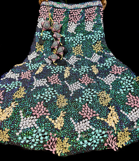 (Video clip attached )Black color  Party wear netting based full of sequined and multi embroidery work multiflared very heavy lehnga with heavy work design in blouse and embroidery dupatta (Unstitched Lehnga)