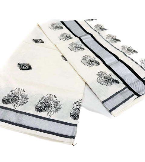 KERALA KASAVU COTTON SAREE WITH BEAUTIFUL PRINT