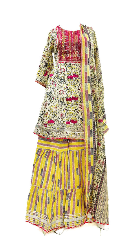 Rayon based printed & Sequined with embroidery Flared Kurti with plazo pents & Dupatta