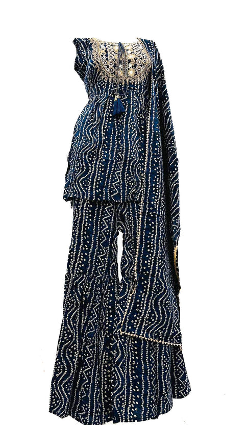 Pure rayon based embroidery with hand work & mirror work Jaipuri Print Flared Kurti with Sharara & dupatta