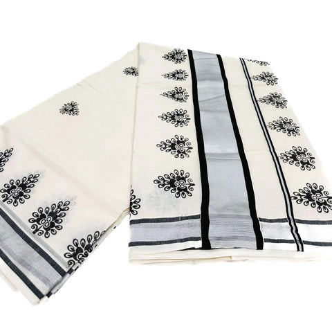 KERALA KASAVU COTTON SAREE WITH BEAUTIFUL PRINT