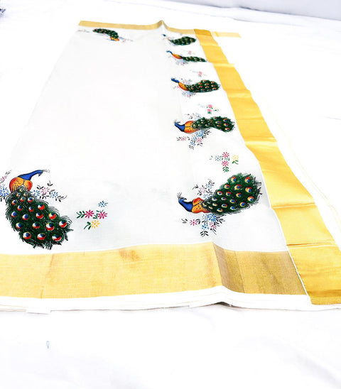 KERALA KASAVU COTTON SAREE WITH BEAUTIFUL PEACOCK PRINT