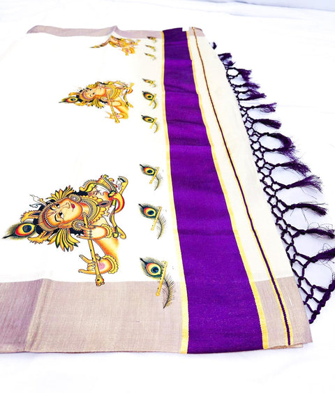 KERALA GOLD TISSUE WITH DIGITAL RADHA KRISHNA DESIGN PRINT BEAUTIFUL SAREE