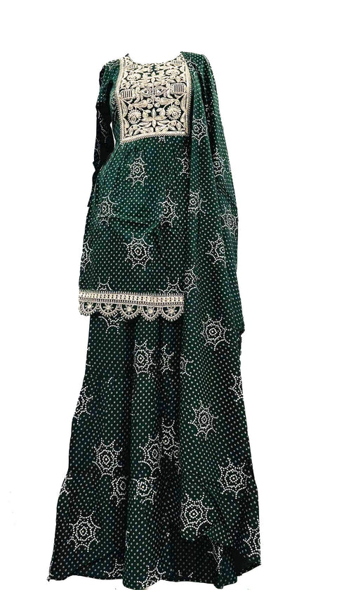 Pure rayon based embroidery & sequined  work Jaipuri Print Flared Kurti with Sharara & dupatta