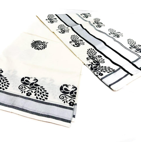 KERALA KASAVU COTTON SAREE WITH BEAUTIFUL PRINT