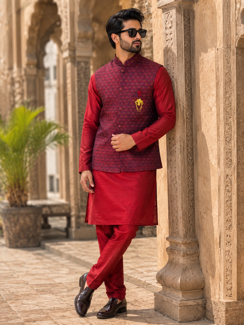 Maroon color Jacquard Kurta Set with Matching Nehru Jacket – A timeless festive ensemble featuring elegant woven detailing and a refined ethnic look. Slight variation in color and design may occur.