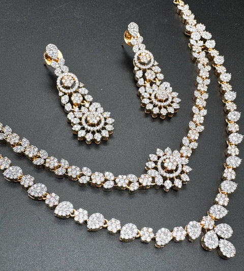 Golden American Diamond beautiful necklace set with crystal American diamonds