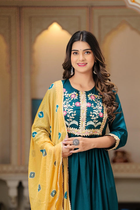 Pure rayon based embroidered &sequined work flared Kurti with Pants & Plazo