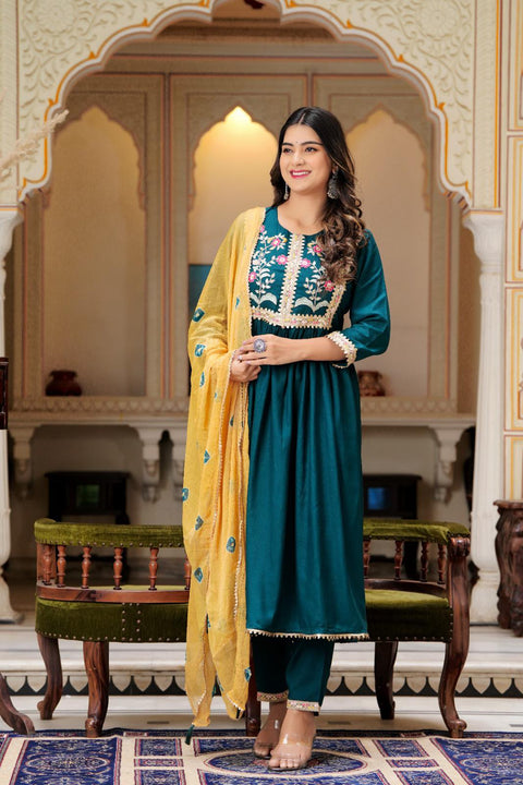Pure rayon based embroidered &sequined work flared Kurti with Pants & Plazo