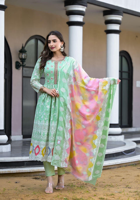 Pure & soft rayon cotton based designer flared Printed kurti with plazo pants & Dupatta