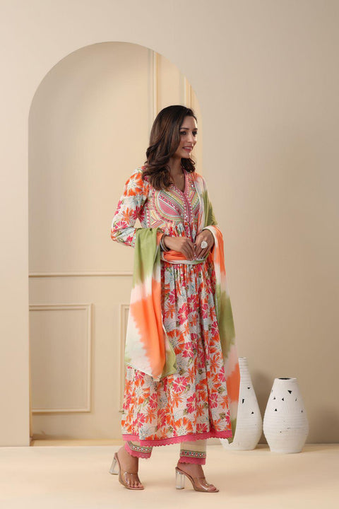 Pure & Soft Rayon Cotton Based Designer Embroidered & Printed Kurti With Plazo Pants & Dupatta