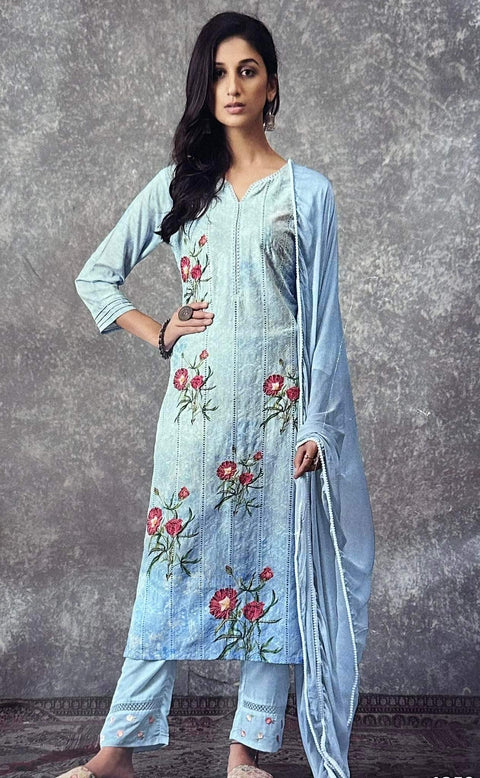 Pure & Soft Rayon Cotton Based Designer Embroidered & Printed Kurti With Plazo Pants & Dupatta