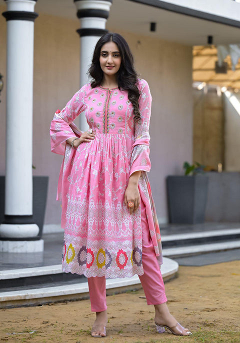 Pure & soft rayon cotton based designer flared Printed kurti with plazo pants & Dupatta