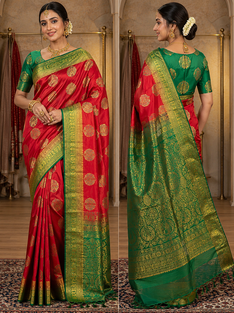Art silk beautiful design Saree with contrast Pallu and Blouse , blouse piece is attached to Saree(slight variation in color and design is possible)