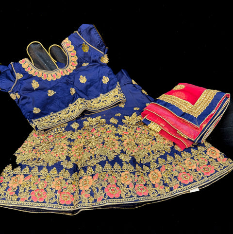 Navy Blue  & Pink  Colour Silk Based Embroidered Lehnga With Contrast Netting Dupatta