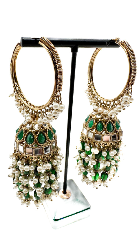 Pearls hanging with mirror work beautiful heavy work designer Jhumka Balian