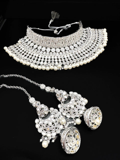 Silver AD Stones with Pearls beautiful Bridal Necklace Set