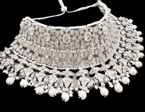 Silver AD  & Polki Stones With Pearls Beautiful Bridal Necklace Set