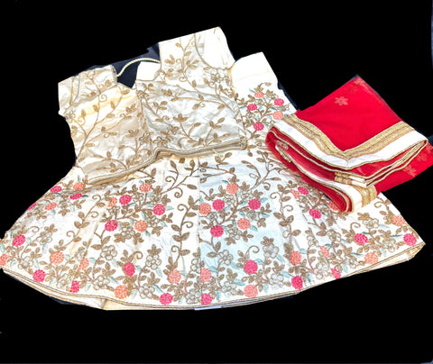 Golden cream colour silk based heavy embroidery work with stones readymade lehnga & blouse & contrast dupatta lehnga